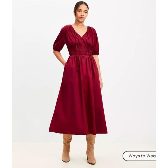 Loft Petite Shirred Tie Neck Midi Dress Rio Red Large - Picture 8 of 10